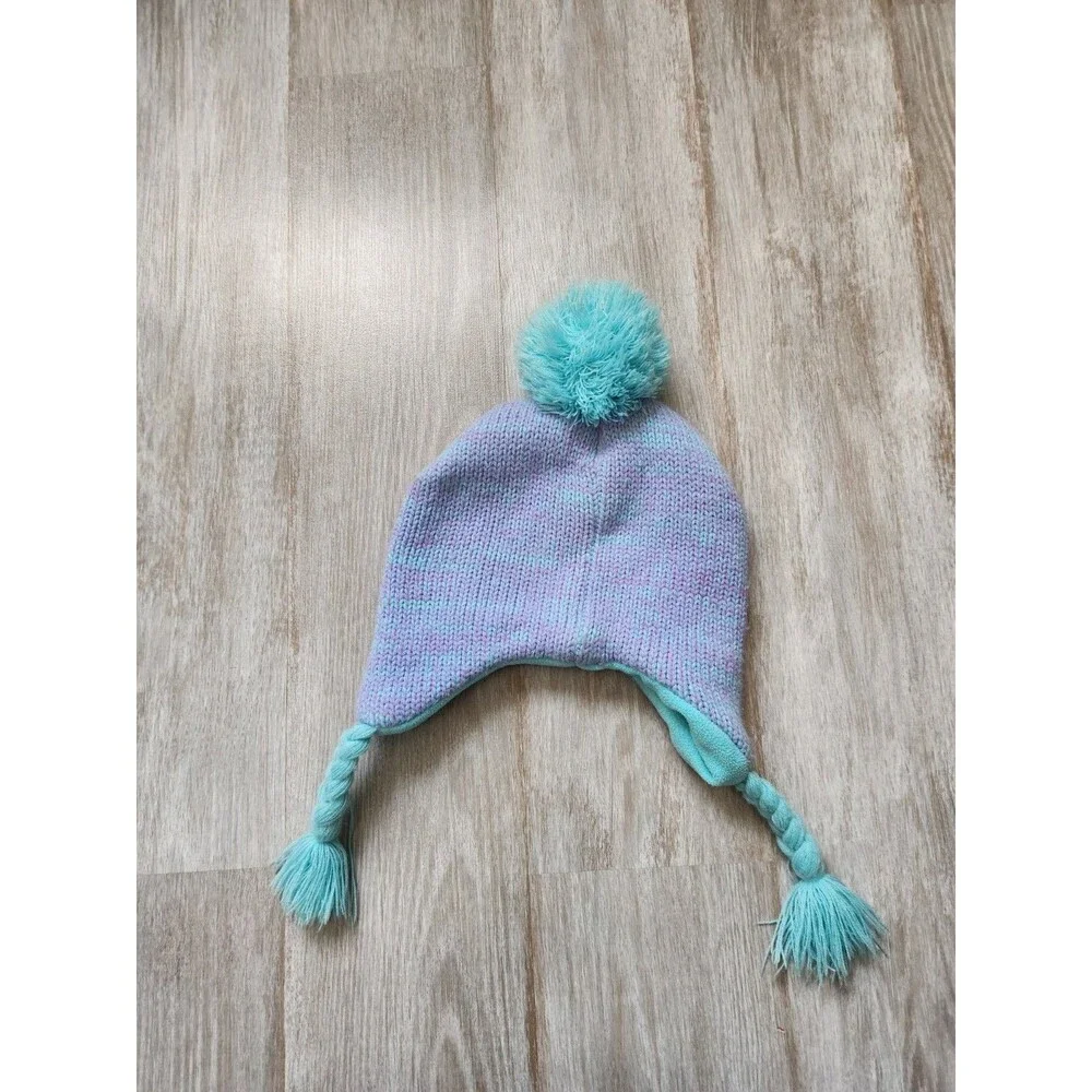 Disney Frozen Elsa Blue Purple Pom Tassel Beanie Fleece Knit Girls Sz 4-14 GUC